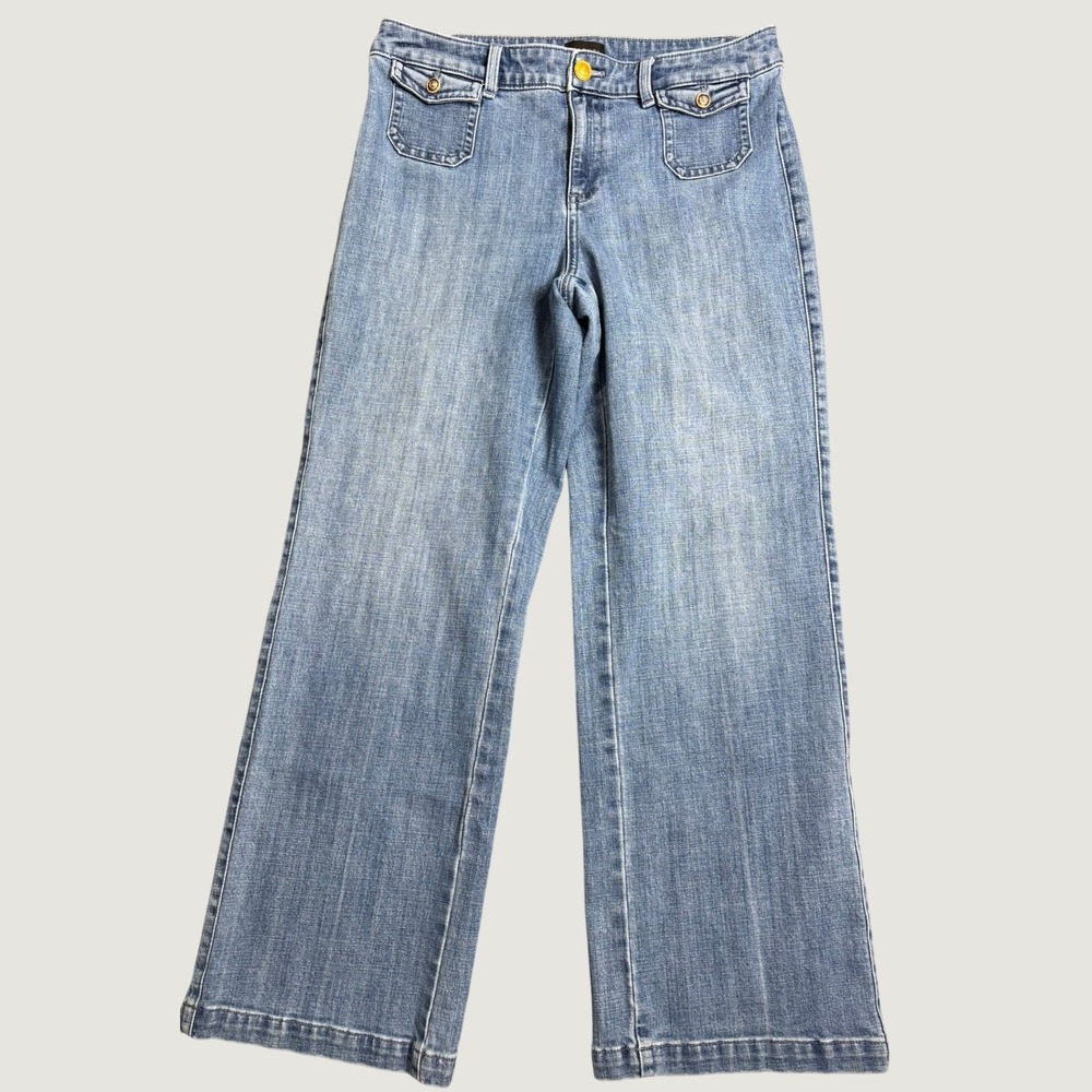 Talbots Jean Trouser Womens 10 Blue Priscilla Wash Wide Leg Crest Button Pants